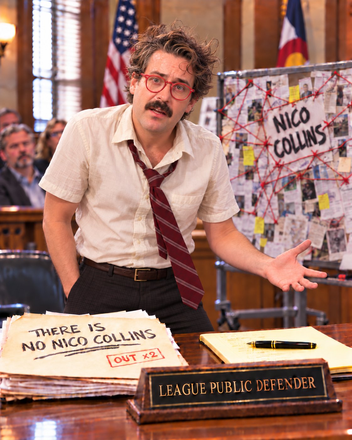 Brian as the League Public Defender, surrounded by a Nico Collins conspiracy board