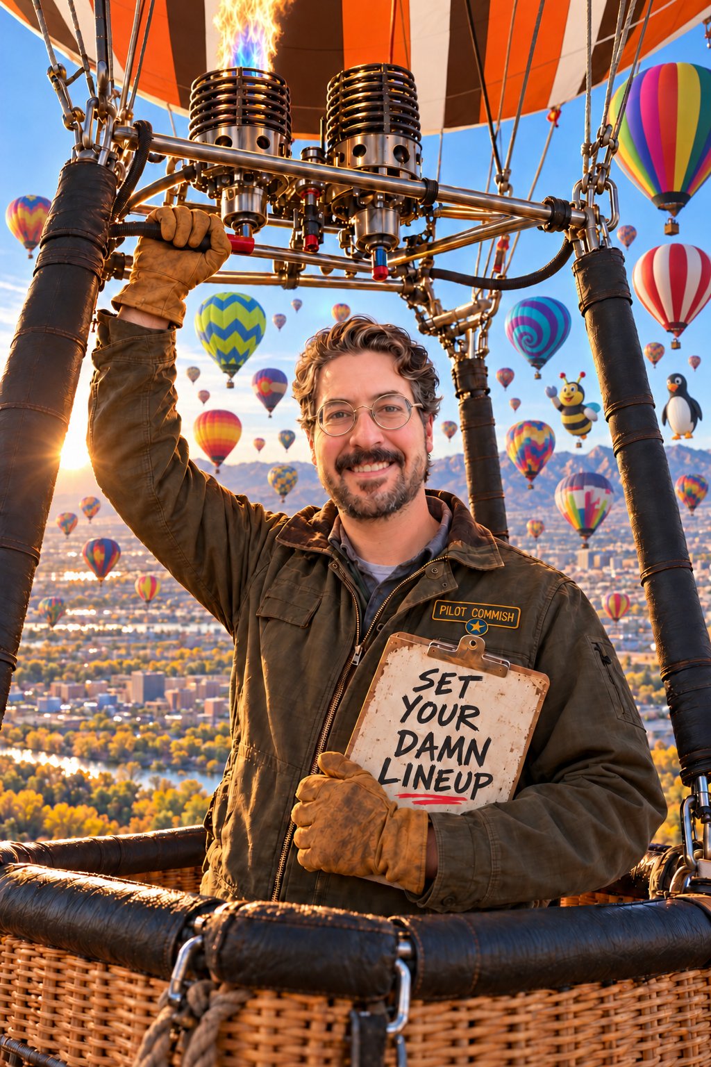 The Commish as a balloon pilot in a hot air balloon basket over the Balloon Fiesta, holding a clipboard that reads Set Your Damn Lineup